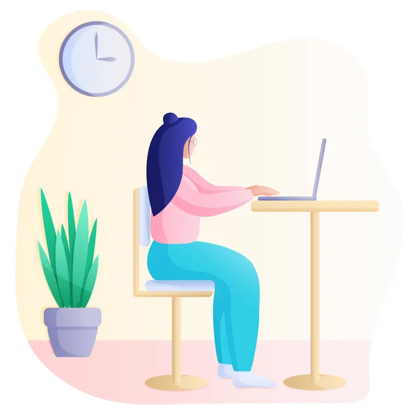 Illustration Vectorielle Plate Jeune Femme Est Assise Bureau Travaillant Sur — Image vectorielle