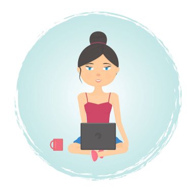 Vektör İllüstrasyonu. Kız evde dizüstü bilgisayarla Lotus Poz Veriyor. Karantinadayken Çevrimiçi Alışveriş kavramı