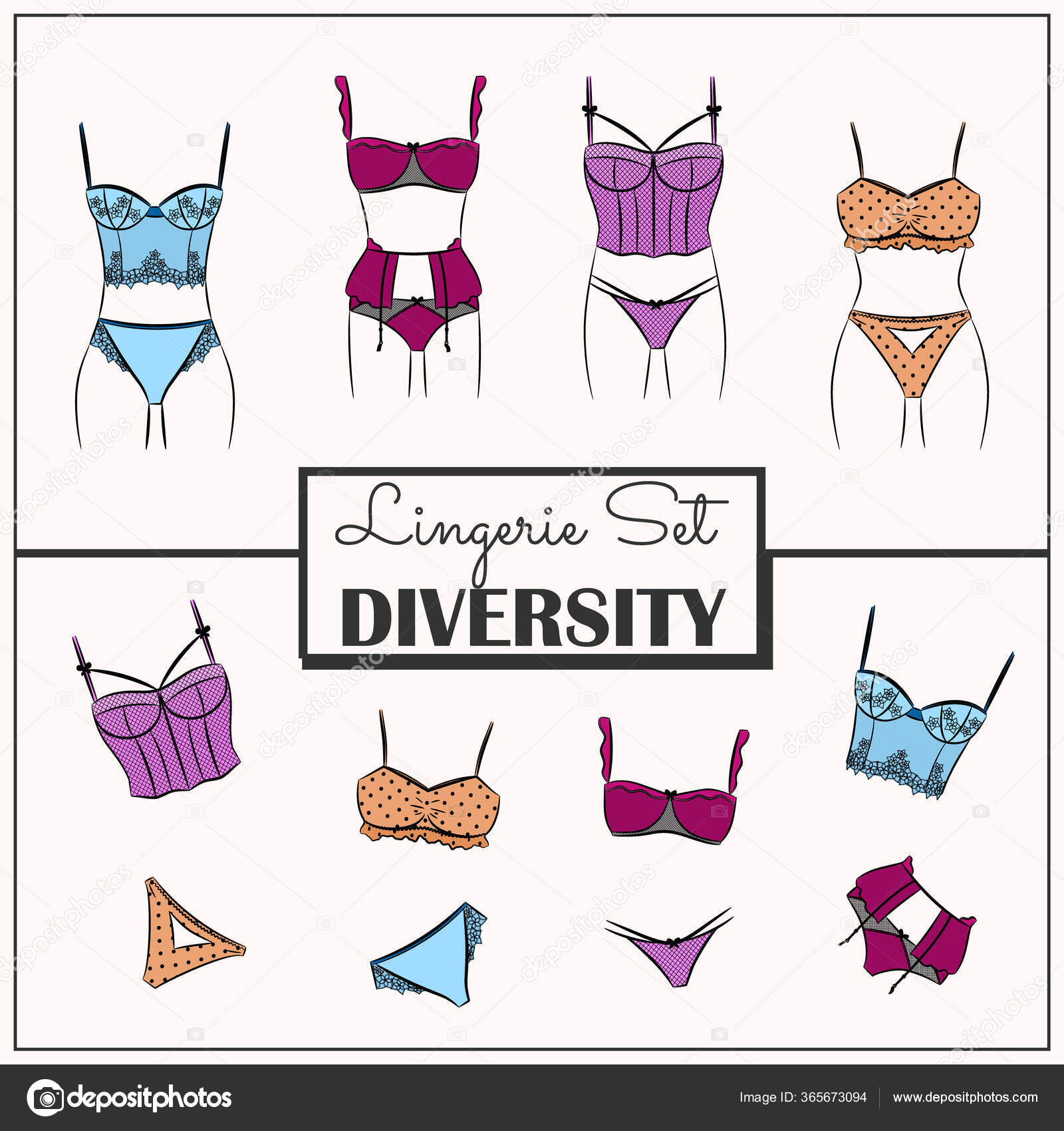 Vector Illustration. Set of Diverse Colorful Ladies' Lingerie. Stylish  Underwear for Women. Isolated Elegant Items for Shops or Boutique  Advertisement