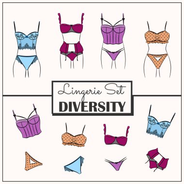 Vektör İllüstrasyonu. Farklı renkte kadın iç çamaşırı seti. Kadınlar için şık iç çamaşırı. Mağazalar ya da Butik Reklamları İçin Seçkin Ögeler