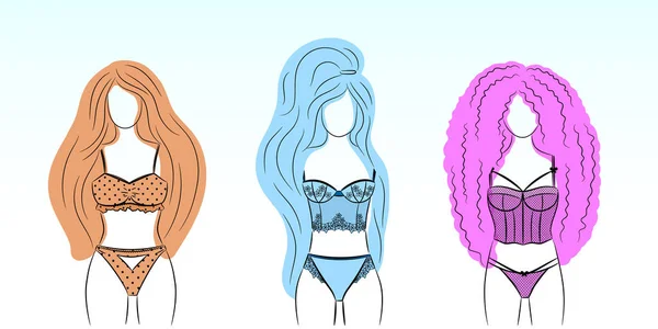 ベクトルイラスト レースランジェリーで大きな長い髪の若いセクシーな女性 身体の肯定的 多様性 自己愛と自信の概念 ショップ ブティック広告のキャラクター — ストックベクタ