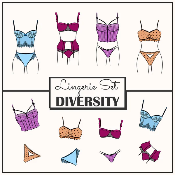 Vector Illustration Set Diverse Colorful Ladies Lingerie Stylish Underwear Women — Stock Vector