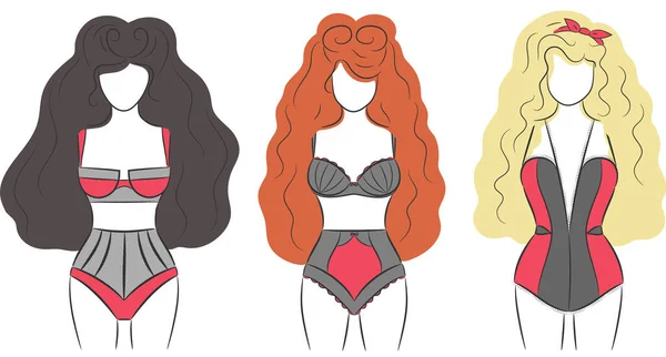 Pin Girls Prádelně Blondýny Bruneta Ginger Vektorové Ženy Kudrnatými Vlasy — Stockový vektor