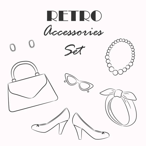 Set Accesorios Retro Moda Detalles Del Estilo Vintage Mujer Esquema — Archivo Imágenes Vectoriales