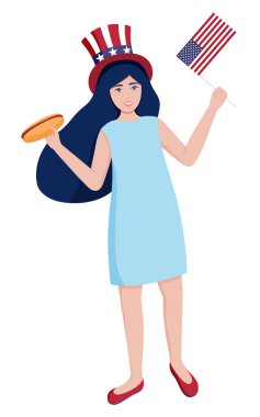 American Kid ya da Teenager 4 Temmuz 'u kutluyor. Bağımsızlık Günü etkinlikleri. Sam Amca 'daki Vatansever Kız ABD Bayrağı ve Sosisli sandviç tutuyor. Düz Vektör Resimleri Beyaz Arkaplanda İzole Edildi