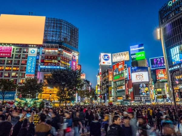 Massor Människor Korsar Shibuya Korsningen Natten Färgglada Byggnadens Ljus Och — Stockfoto