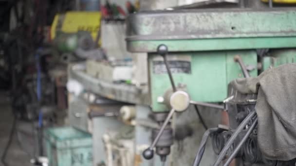 Drilling Machine Storing Old Dirty Garage Slowly Shift Focus Handheld — Stock Video