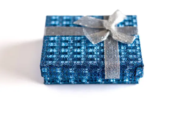 Blue Gift Box Ribbon Bow Isolated White Royalty Free Stock Images