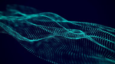 Dinamik parçacıklar dalgalanıyor. Siyah arka planda mavi noktalar. Dijital manzara. 3D görüntüleme. Büyük veri görselleştirme 3D. Tasarım ve duvar kağıdı için fütürist arkaplan.