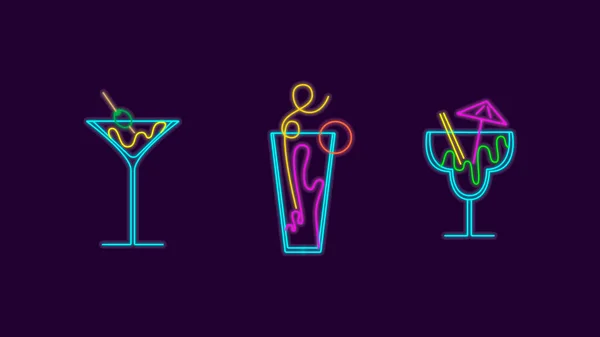 Neon-Alkoholgetränke Zeichen Vektor isoliert auf dunklem Hintergrund. Neonbeleuchtete Cocktails. Trinkbanner. Nachtclub-Einladung. Vektorillustration. — Stockvektor