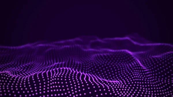 Onde de particules dynamiques. Pois violets sur fond noir. Paysage numérique. Rendement 3D. Visualisation Big Data 3D. Fond d'écran futuriste pour le design, papier peint . — Photo