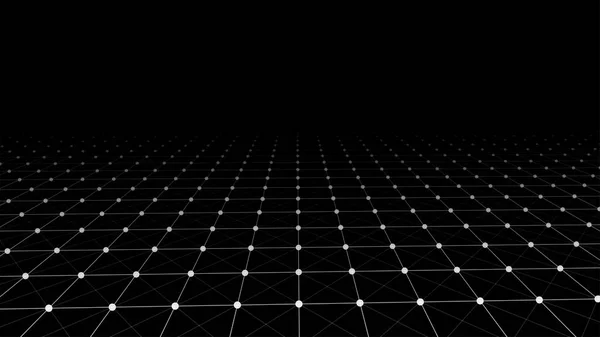 Abstraktní drátová perspektivní mřížka, spojení bílých teček a čar na tmavém pozadí. Vektorová ilustrace. — Stockový vektor