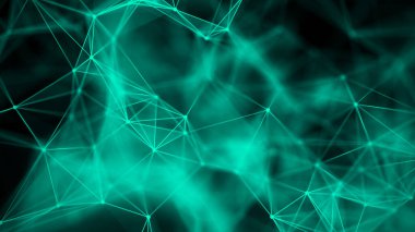 Ağ bağlantısı yapısı. Düşük poli şekli ile koyu arkaplandaki yeşil noktaları ve çizgileri birleştirerek Büyük veri görselleştirmesi.