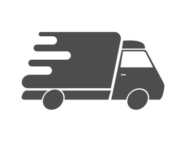 Kamyon teslimatı hızlı ve hızlı. Minibüs yiyecek teslimatı yapıyor. Nakliye kurye servisi. Lojistik araba ekspresi. Vektör EPS 10.