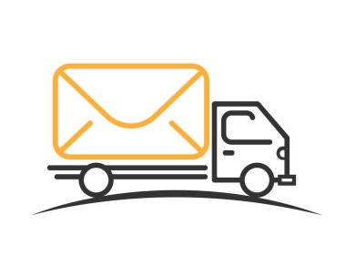 Posta ekspres kamyon vektörü. Posta ikonlu bir teslimat arabası. Nakliye arabasının posta illüstrasyonu. Kargo kamyonu siyah ve sarı renkte. Vektör EPS 10.