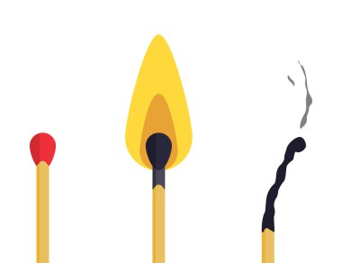 Ateş alevi izole sopayla kibrit. Yanan kibrit ışığı. Yeni kibrit, ateşle ve dumanla kullanılmış. Vektör EPS 10