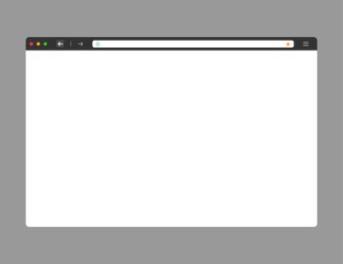 Karanlık modern düz dizaynlı web tarayıcı modeli. Yeşil kilidi ve favori simgesi olan bilgisayarın web sayfası. Tarayıcının izole edilmiş internet şablonu. Vektör EPS 10