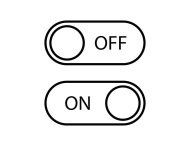 Açma kapama düğmesi. Kaydırma kontrolü açılıp kapanacak. Siyah-beyaz doğrusal olarak izole edilmiş yuvarlak düğmeler. Güç sembolü elemanı. Aktif ya da pasif gücün yansıması. Vektör EPS 10.