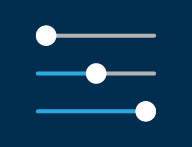 Ses çubuğu kontrolörü düz tasarımda. Medya hacmi düşük seviyeden yüksek seviyeye geçiş yapar. Elementi aç ve kapat. Müzik ve ses aygıtı kaydırıcı için izole şablon. Vektör EPS 10.