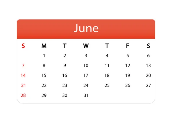 Izolovaná Ikona Letního Kalendáře Plánovač Vektorových Měsíců Červen2020 Šablona Kalendáře — Stockový vektor