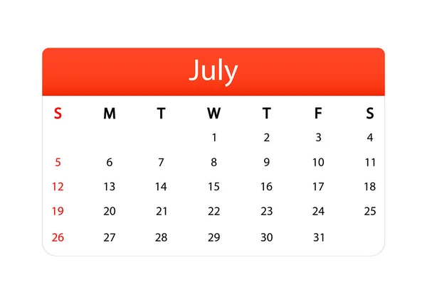 Ikone Des Sommerkalenders Juli 2020 Vektormonatsplaner Vorlage Des Kalenderrasters Modernem — Stockvektor