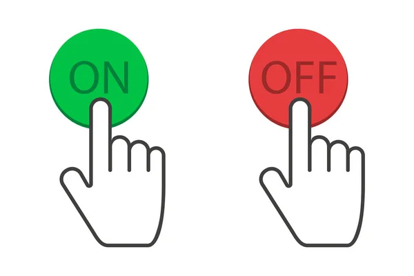 赤と緑の色のボタンのオン オフをクリックします 電源ボタンを指でタッチします 絶縁されたアイコンをオフにします ベクトルEps — ストックベクタ