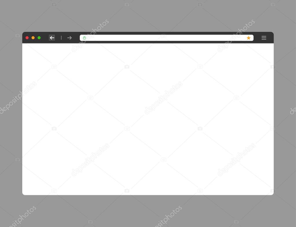 Web browser mockup in dark modern flat design. Website page of computer with green lock and favorites icon. Isolated internet template of browser. Vector EPS 10