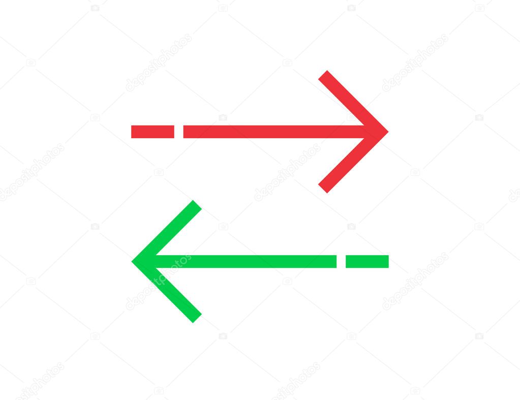 Arrow transfer symbols in red and green colors. Exchange symbol with arrows in flat design. Isolated outline reverse icons. Left and right arrow of communication. Vector EPS 10.