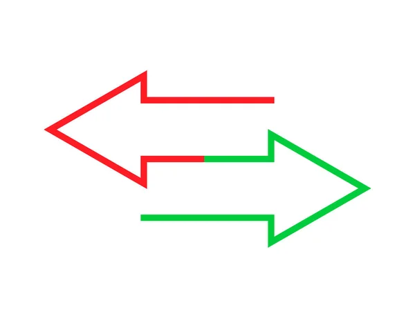 Pfeilübertragungssymbole in roten und grünen Farben. Austauschsymbol mit Pfeilen in flacher Ausführung. Vereinzelte Umrisssymbole auf der Rückseite. Linker und rechter Pfeil der Kommunikation. Vektor EPS 10. — Stockvektor