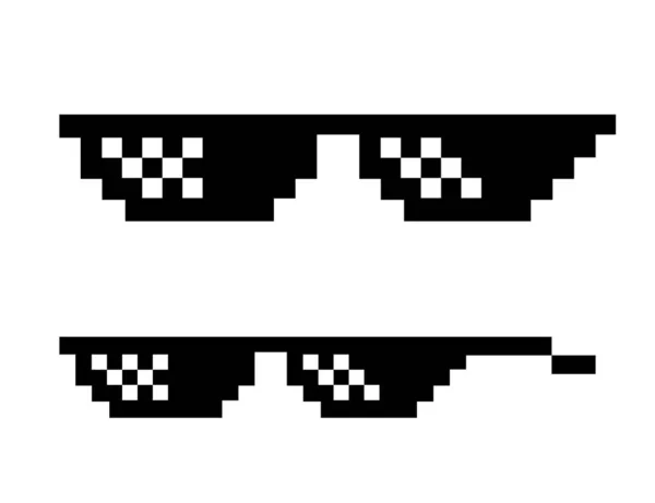 Lunettes Pixel dans le style boss. Lunettes de soleil noires en 8 bits. Mème de lunettes dans un design drôle. Isolé style cool de lunettes gangster. Mafia ou rappeur voyou vie. La mode des gangsters. EPS vectoriel 10 . — Image vectorielle