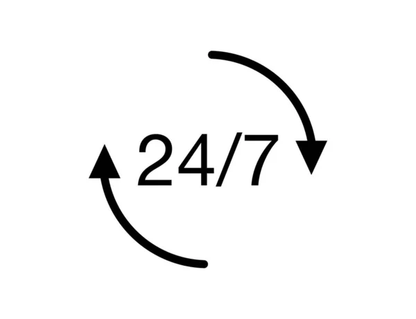 24 7 ícone de serviço isolado. Símbolo de sempre abriu loja e loja. Ilustração do centro de ajuda empresarial que funciona a qualquer momento. Ícone de círculo com setas e vinte e quatro sete. Vetor EPS 10 . —  Vetores de Stock