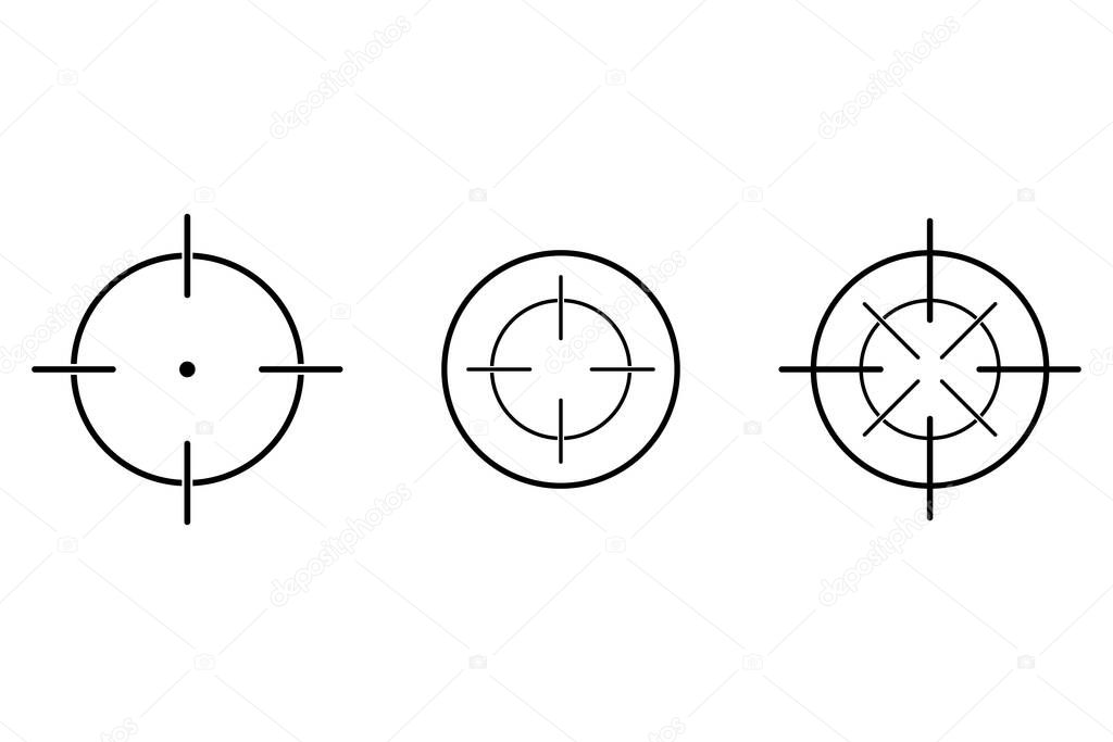 Aim or target cross symbol in circle. Illustration of weapon sign of sniper or sharpshooter. Aiming bullseye in flat design in outline style. Optical game weapon. Aim sight for hunting. Vector EPS 10.
