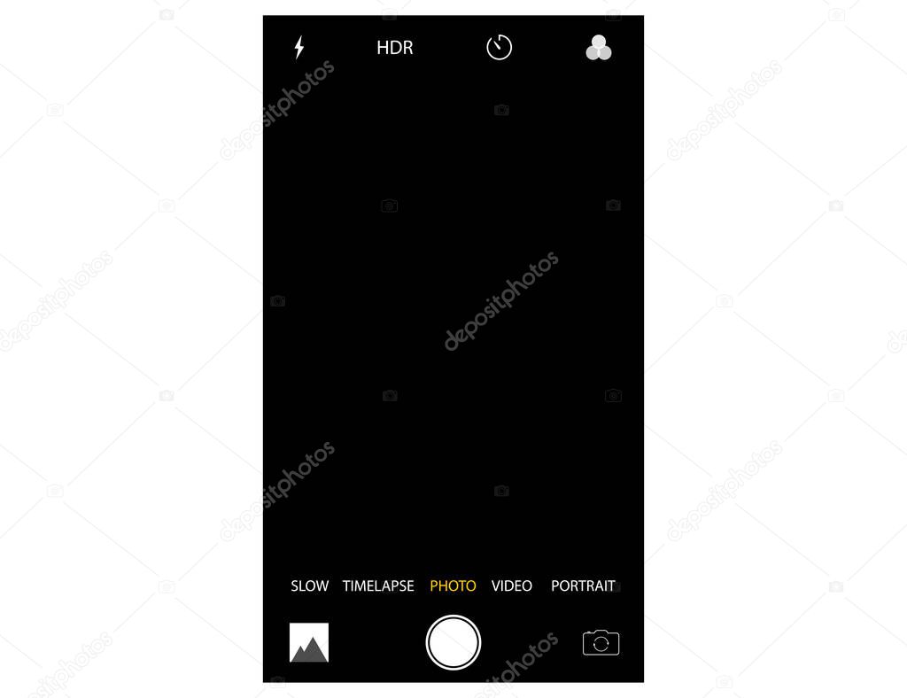 Mobile camera interface mockup. Template of photo screen of smart phone. Slow, timelapse, photo and video icons with camera switch icon. Illustration of camera frame. Vector EPS 10.
