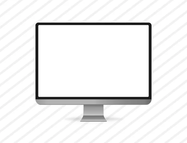 Realistic computer desktop in modern design. Monitor of pc device with white background. Grey metal mockup with thin borders of screen. Isolated computer with new display. Vector EPS 10. — Stock Vector