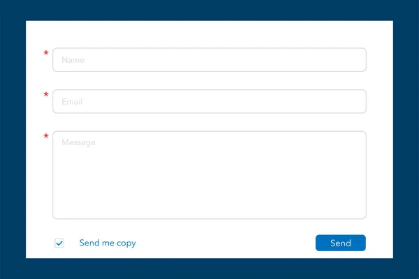 Contactez-nous formulaire. Modèle de rétroaction sur le site Web. Champs Nom, courriel et message. Envoyez-moi une copie avec coche texte. Bouton d'envoi en design plat. Page Web vierge pour commentaires. EPS vectoriel 10 . — Image vectorielle