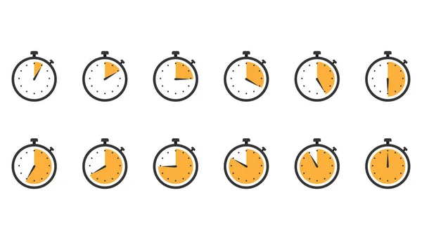 Stopwatch icons. Set of clock timer in flat design in orange. Counter watch with second arrow. Yellow stopwatch chronometer. Speed measure tool. Countdown from 5 to 60 seconds. Vector EPS 10. — Stock Vector