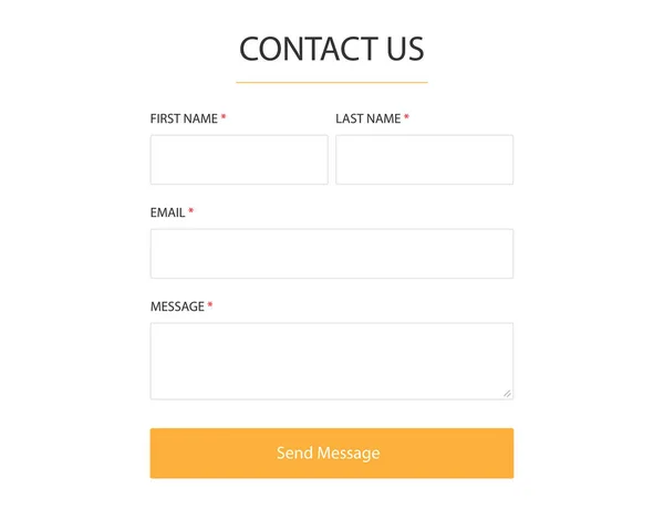 Contact us form. Blank template to get in touch frame. Website mockup for message to support team. Send email button with editable fields. Feedback from user. Orange interface and style. — Stock Vector