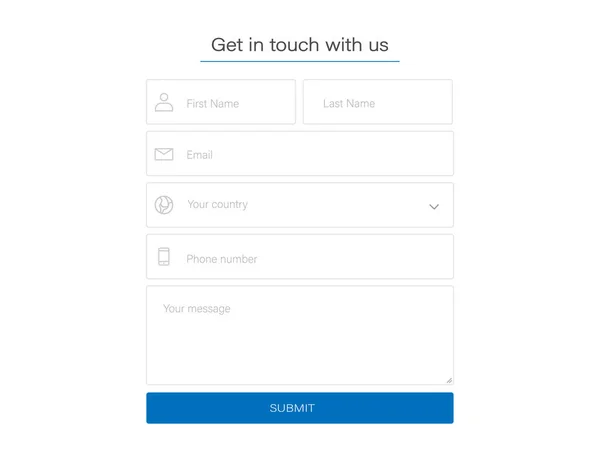 Kontaktieren Sie uns. Nehmen Sie Kontakt mit uns auf. Template-Fenster für Benutzer, um Support zu kontaktieren. Senden Sie E-Mail-Attrappe mit Submit-Taste. Vorname, E-Mail, Land und Telefonnummer auswählen. EPS 10. — Stockvektor