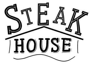 Biftek lokantasında el yazısı amblemi çizimi barbekü restoranı bbq biftek vektörü...