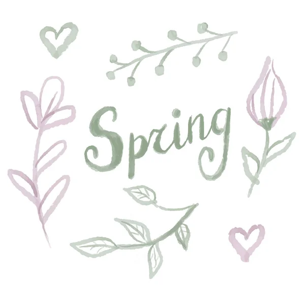 Primavera Aquarela Set Lettering Ilustração Ícones Folhas Flores — Vetor de Stock