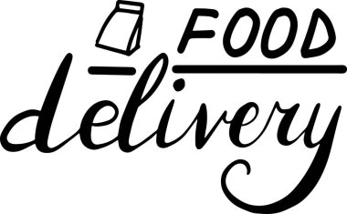 Yemek teslimatı, harf seti vektörü restoranlar ve kafeler için illüstrasyon, yemek dağıtım servisi için poster, siyah ve beyaz metin, simgeler ve logo