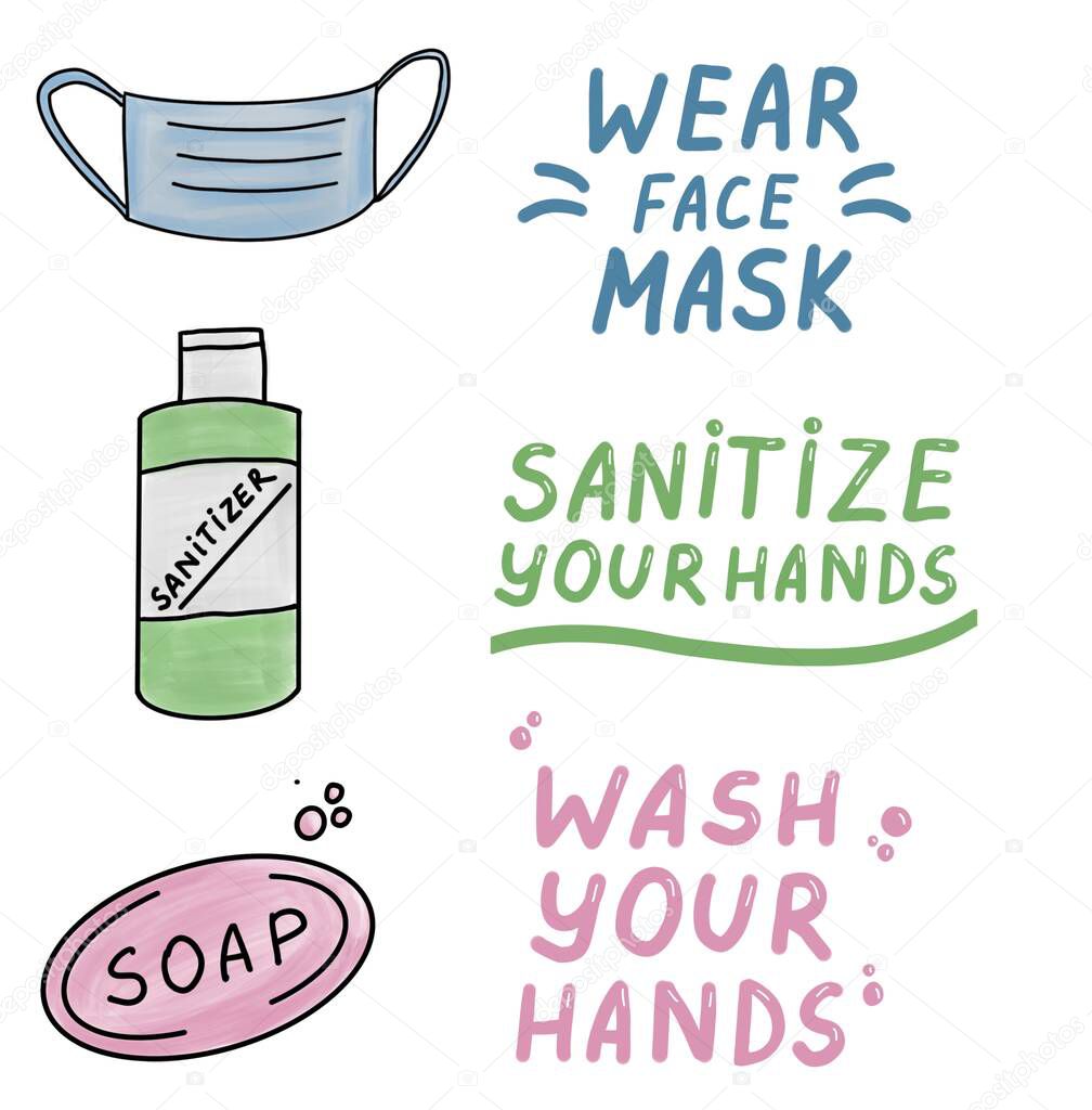 Wear a face mask. Wash your hands. Sanitize your hands. Icons trendy  color doodles isolated on a white background, lettering, calligraphy, text. Protection from coronavirus. Vector illustration.