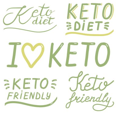 Keto diyeti, arkadaş canlısı, harfi harfine yazı, beyaz arkaplanda renkli, izole edilmiş el yazısı yeşil metin. Diyet, sağlıklı yiyecekler, sağIık, ketojen, ketojen. Vektör, eps  