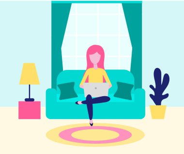 Evde çalışıyorum. Evde dizüstü bilgisayarlarla çalışan serbest çalışan bir kadın. Vektör düz biçim illüstrasyonu