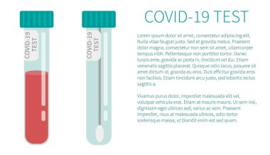 COVID-19 testi. Kan numuneli tüpler. Coronavirus hızlı testi kavramı. Laboratuvar araştırması ve teşhisi. Düz biçimli vektör illüstrasyonu.