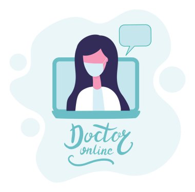 Doktor çevrimiçi, yazı çizimi çizimi. Vektör beyaz arkaplan üzerinde el yazısı fırça modayı mavi izole metni kaydeder.