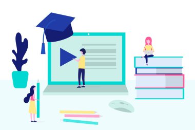 Düz tasarım konsepti online eğitim, eğitim ve kurslar, öğrenme, video dersleri. Webinarlar. Vektör illüstrasyonu