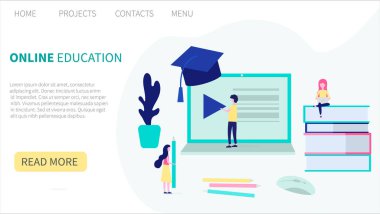 Düz tasarım konsepti online eğitim, eğitim ve kurslar, öğrenme, video dersleri. Webinarlar. İniş sayfası şablonu. Web ve grafik tasarımı için vektör illüstrasyonu