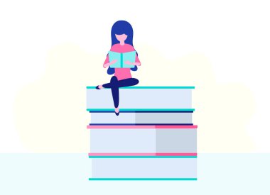 Kitap okuyan kadın. Düz tasarım konsepti eğitim, dersler, öğrenme, kütüphane, kitapçı temsilciliği