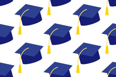 Eğitim Kupası. Öğrenci mezuniyet şapkası. Düz dizayndaki kusursuz vektör deseni beyaz arkaplanda izole edildi